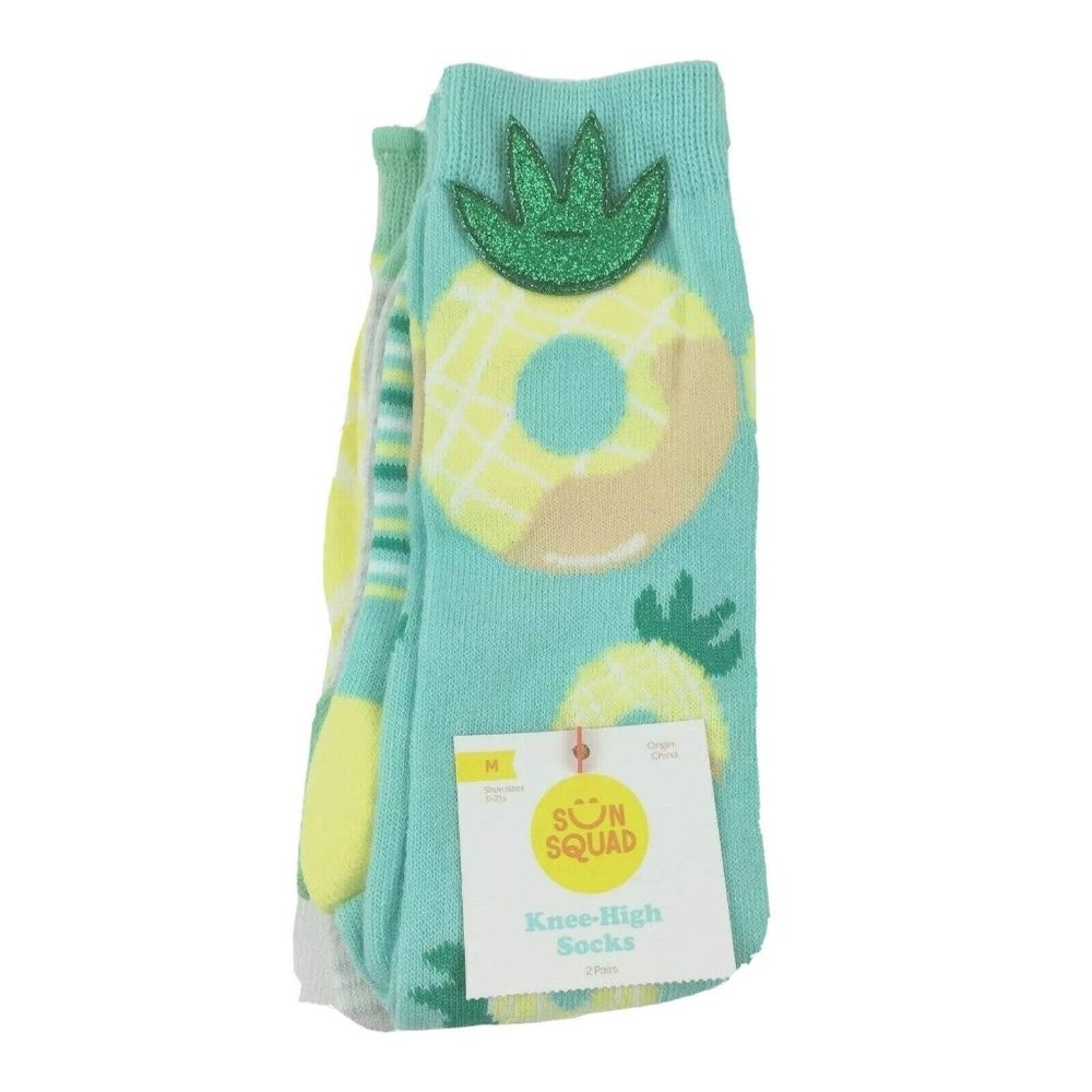 Sun Squad Girls Knee High Socks Pineapples Medium 9-2.5 Turquoise Green 2 Pairs